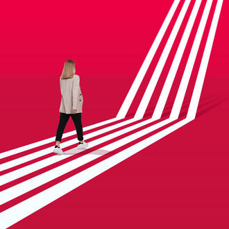 A person walks on a path that becomes a ladder