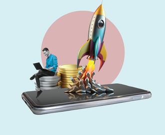 A worker uses his laptop as a spaceship takes off from a spartphone.