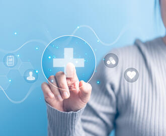 Graphic of woman's hand touching medical plus sign icon with light blue background